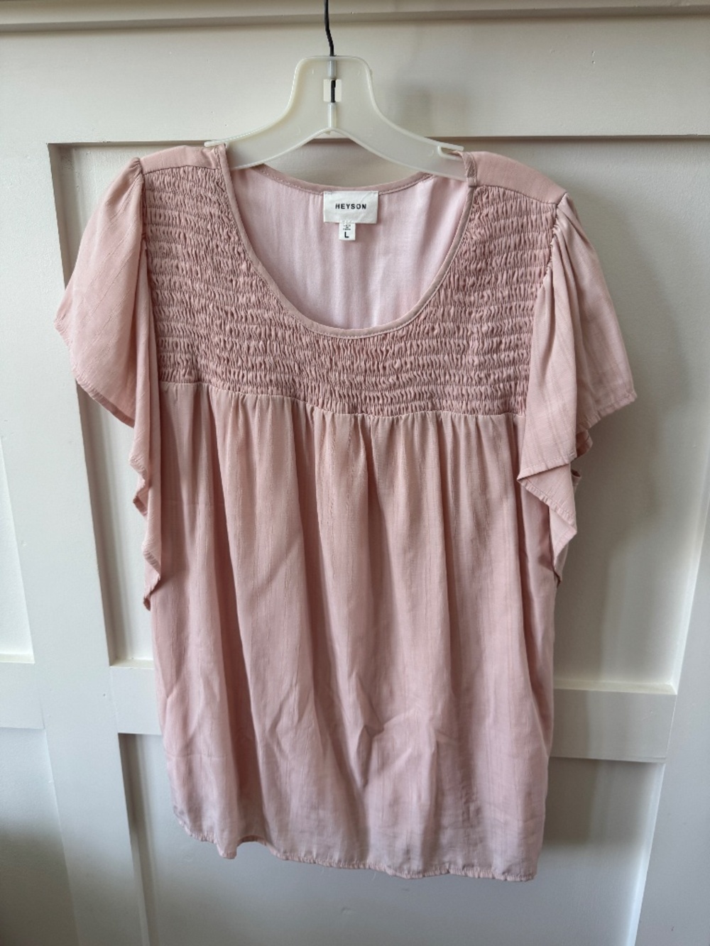 HEYSON Blush Pink Smocked Flutter Sleeve Babydoll Blouse L